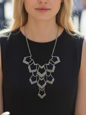 Layered Geometric Silver Statement Necklace